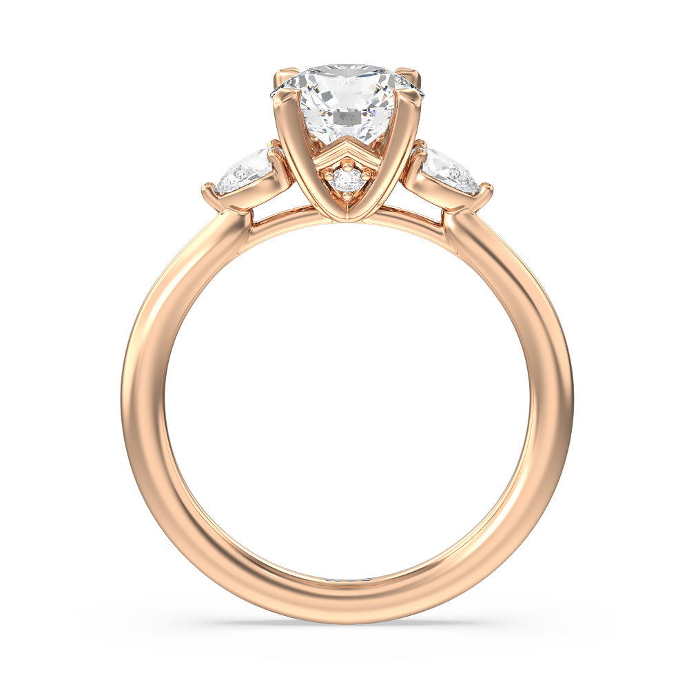 Fine Line Pear Three Stone Engagement Ring with Round Cut Diamond in 14KT Rose Gold view 2