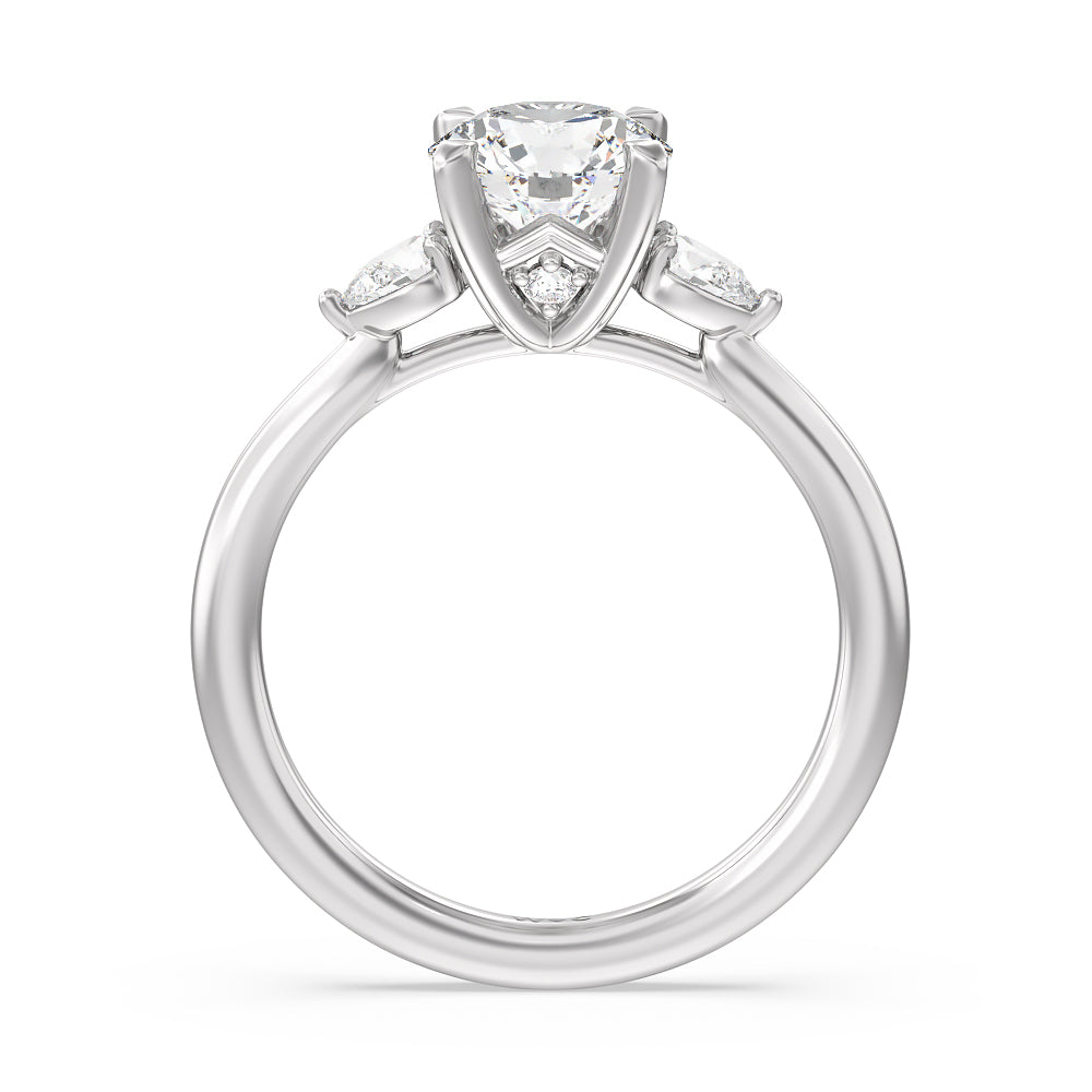 Fine Line Pear Three Stone Engagement Ring with Round Cut Diamond in 14KT Platinum view 2