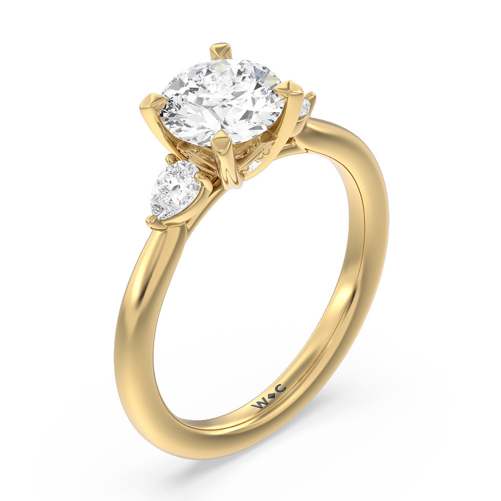Fine Line Pear Three Stone Engagement Ring with Round Cut Diamond in 14KT Yellow Gold view 3