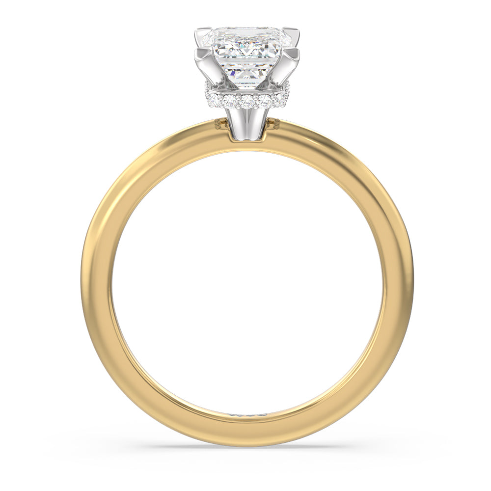 Modern Fine Line Hidden Halo Engagement Ring with Emerald Cut Diamond in 14KT White & Yellow Gold view 2