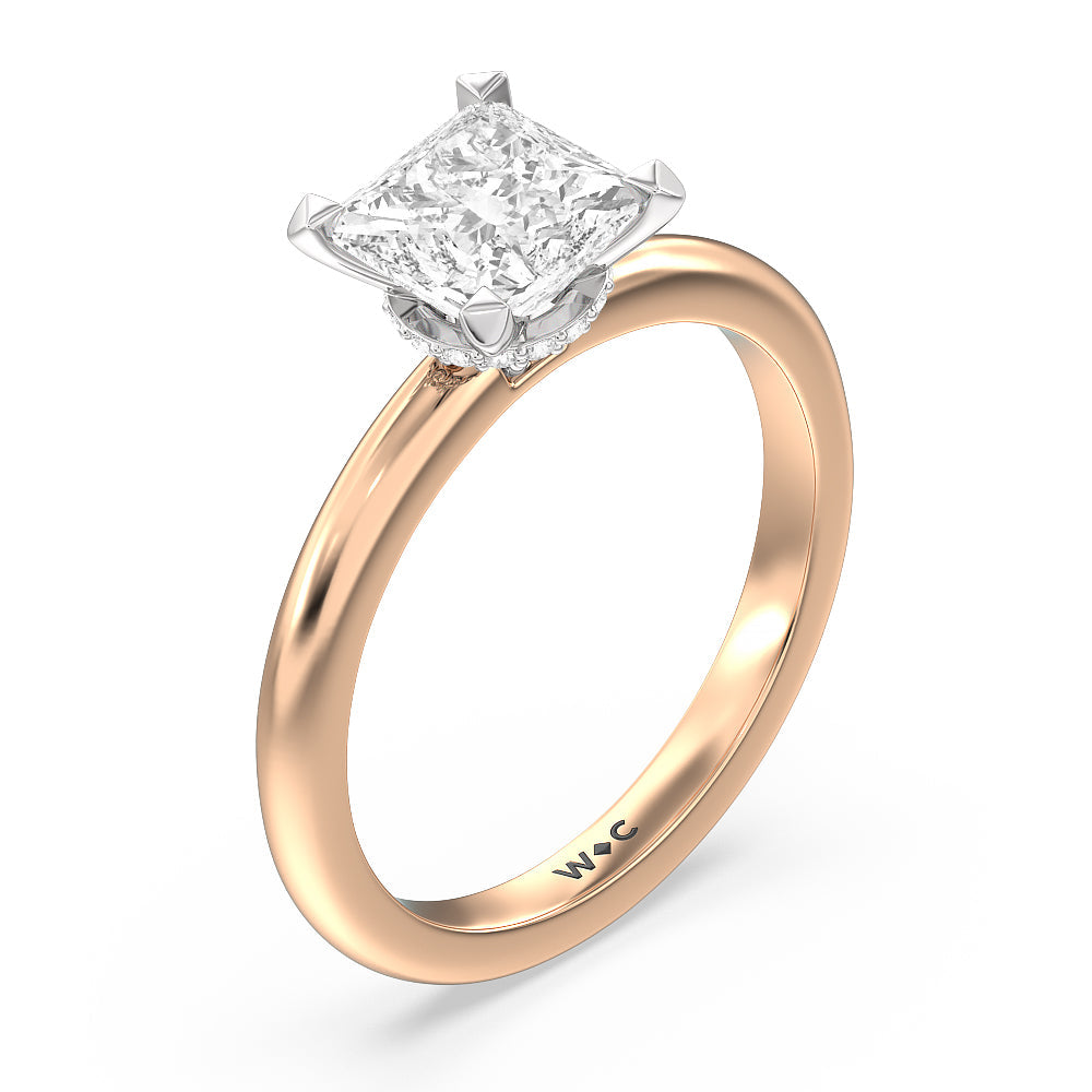 Modern Fine Line Hidden Halo Engagement Ring with Princess Cut Diamond in 14KT White & Rose Gold view 3