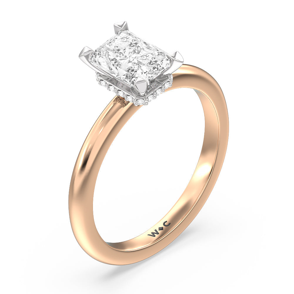 Modern Fine Line Hidden Halo Engagement Ring with Radiant Cut Diamond in 14KT White & Rose Gold view 3