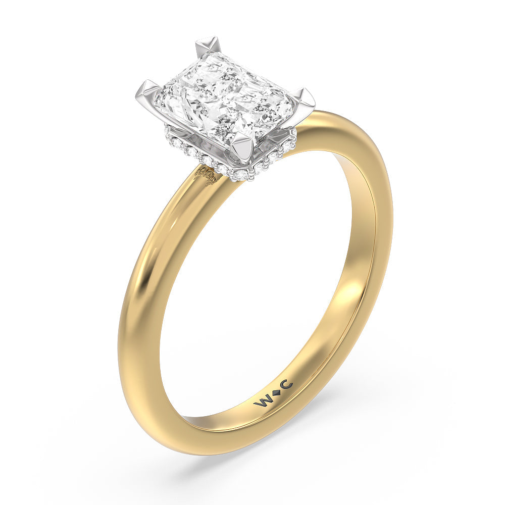 Modern Fine Line Hidden Halo Engagement Ring with Radiant Cut Diamond in 14KT White & Yellow Gold view 3