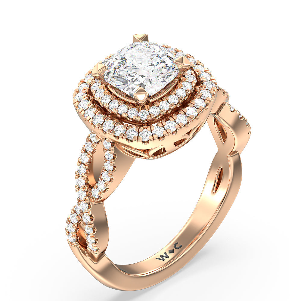 Cushion Cut Double Halo Cross Engagement Ring with Lab Grown Diamond in 14KT Rose Gold view 3
