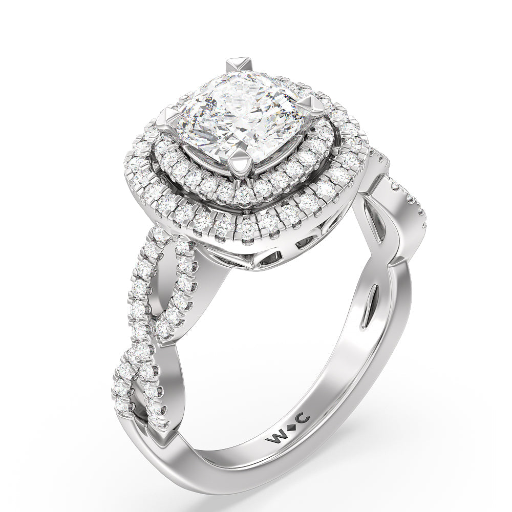 Cushion Cut Double Halo Cross Engagement Ring with Lab Grown Diamond in 14KT Platinum view 3
