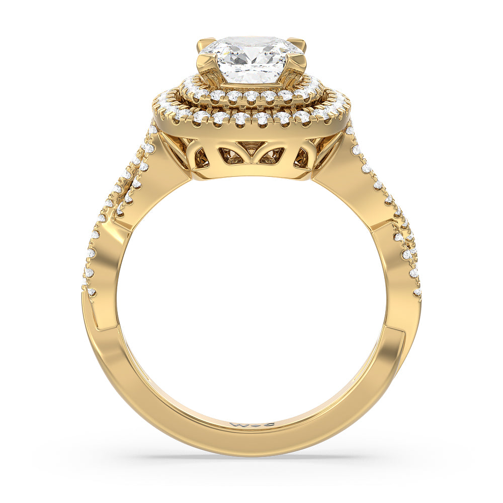 Cushion Cut Double Halo Cross Engagement Ring with Lab Grown Diamond in 14KT Yellow Gold view 2