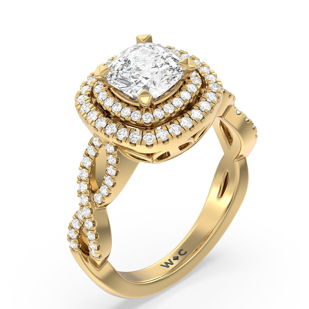 Cushion Cut Double Halo Cross Engagement Ring with Lab Grown Diamond in 14KT Yellow Gold view 3