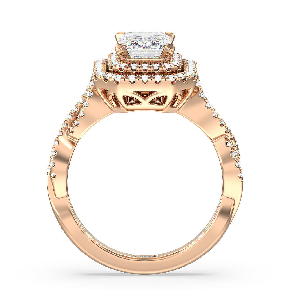 Emerald Cut Double Halo Cross Engagement Ring with Lab Grown Diamond in 14KT Rose Gold view 2