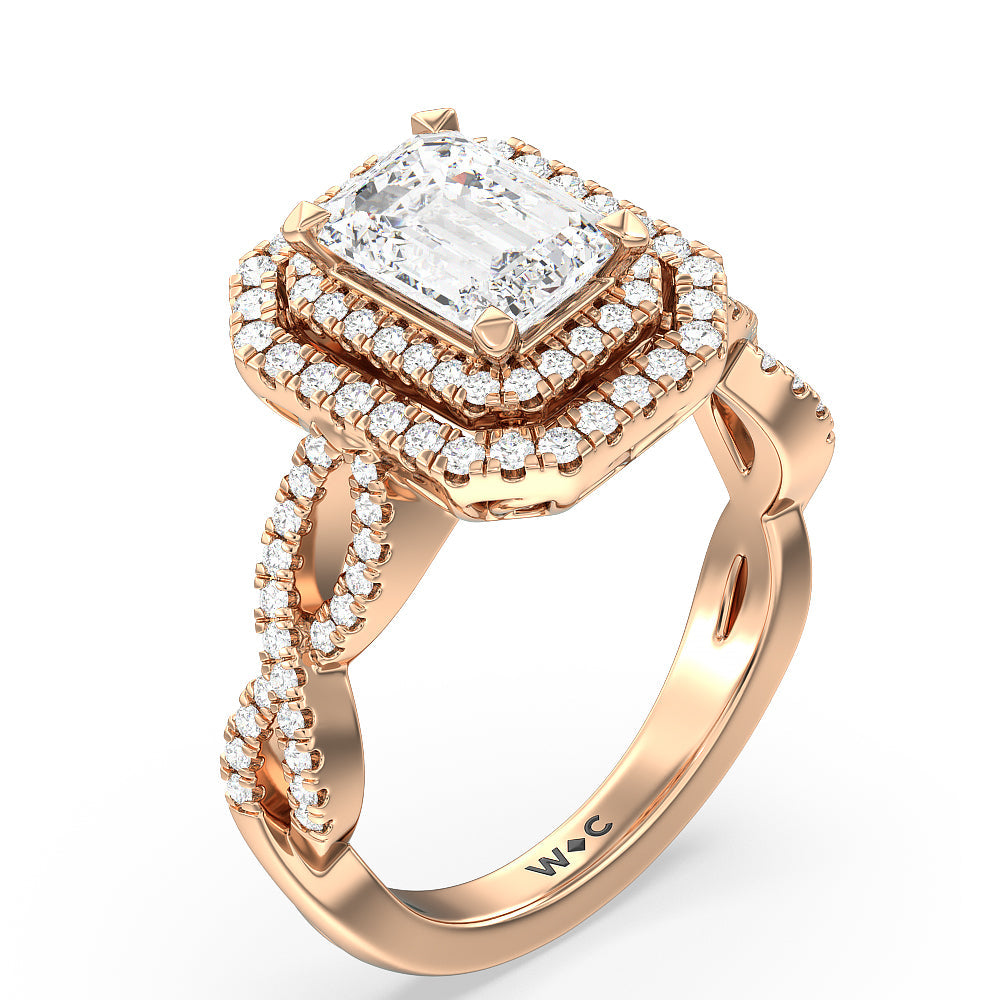 Emerald Cut Double Halo Cross Engagement Ring with Lab Grown Diamond in 14KT Rose Gold view 3