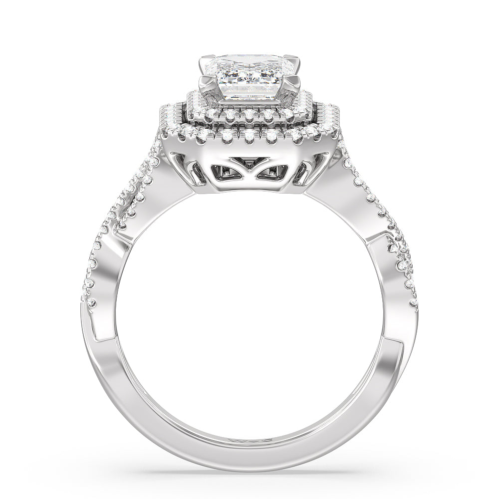 Emerald Cut Double Halo Cross Engagement Ring with Lab Grown Diamond in 14KT Platinum view 2