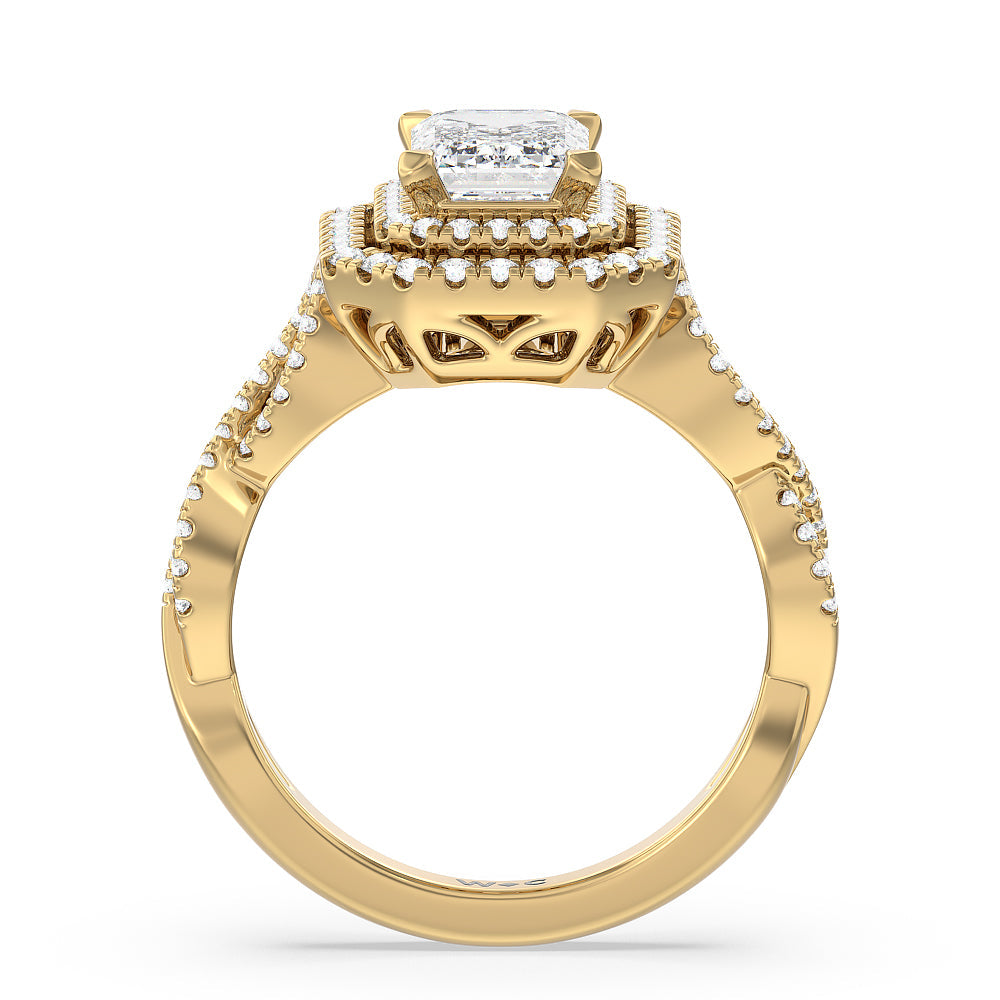 Emerald Cut Double Halo Cross Engagement Ring with Lab Grown Diamond in 14KT Yellow Gold view 2