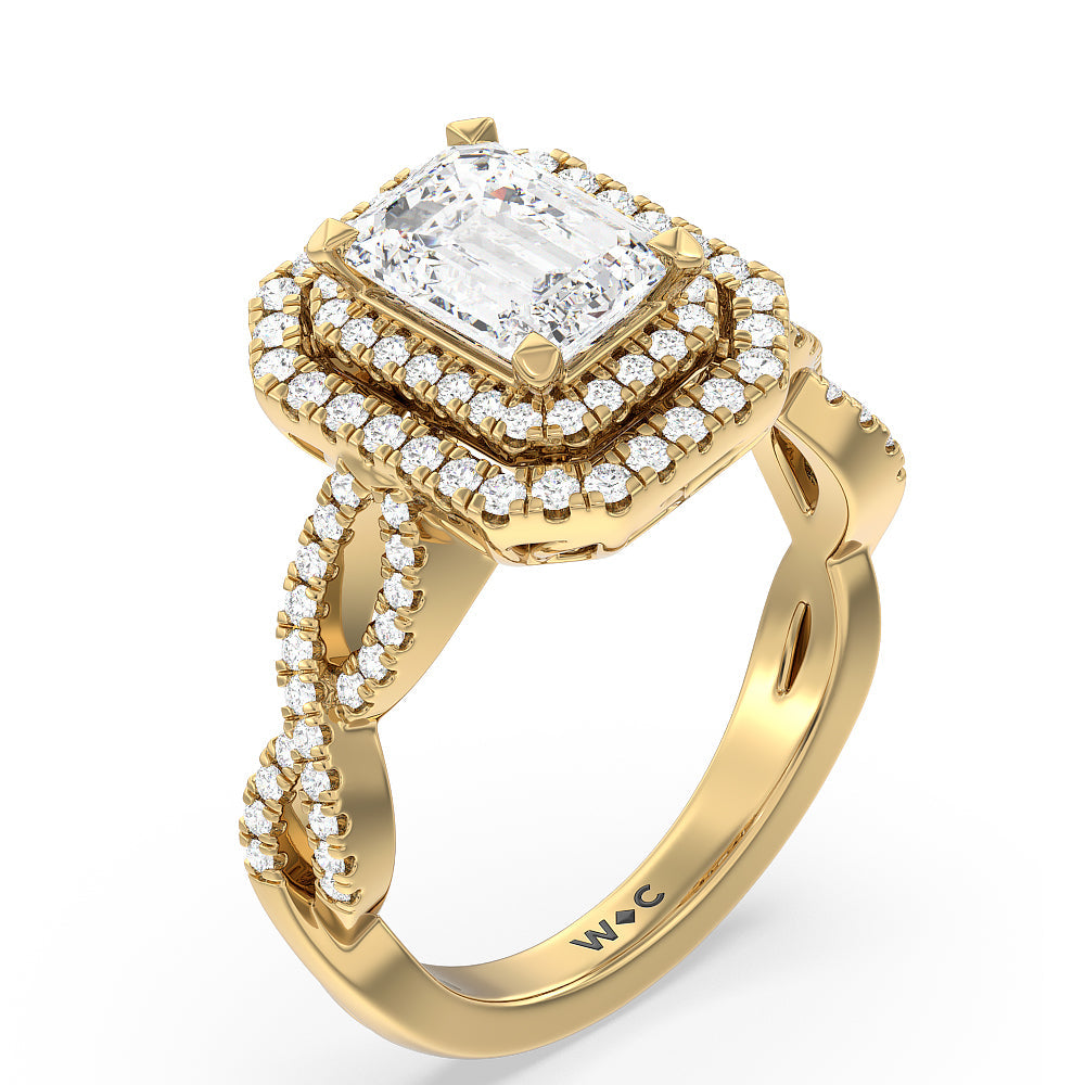 Emerald Cut Double Halo Cross Engagement Ring with Lab Grown Diamond in 14KT Yellow Gold view 3