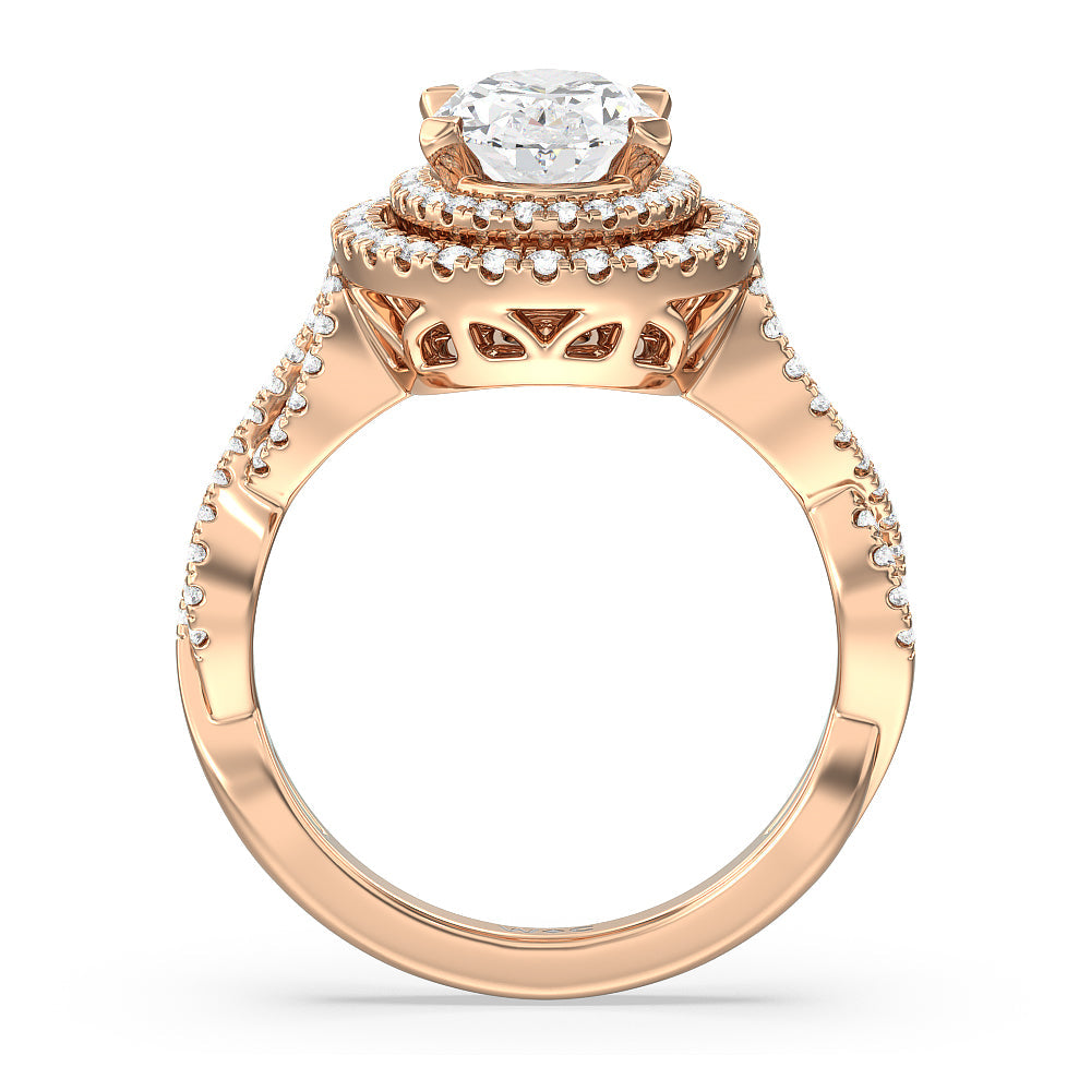 Oval Cut Double Halo Cross Engagement Ring with Lab Grown Diamond in 14KT Rose Gold view 2