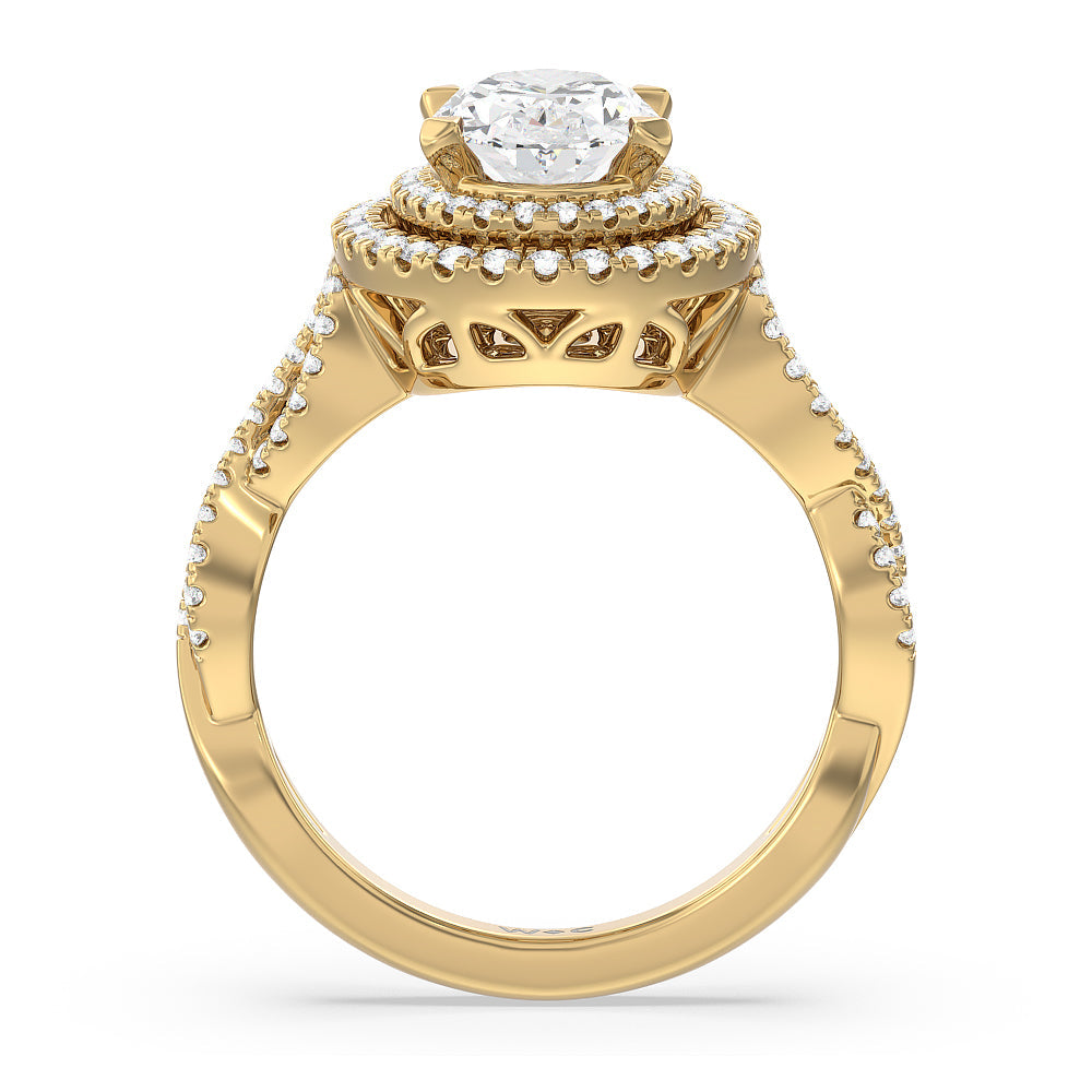 Oval Cut Double Halo Cross Engagement Ring with Lab Grown Diamond in 14KT Yellow Gold view 2