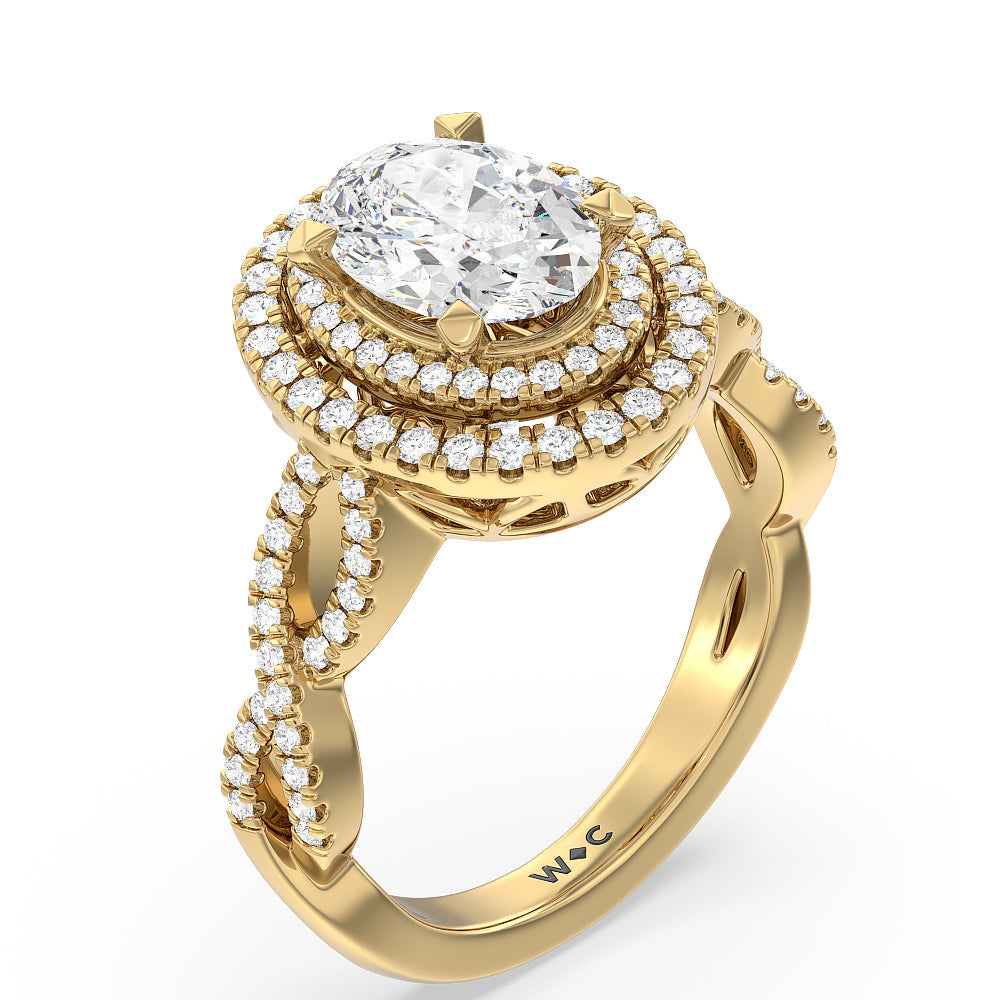 Oval Cut Double Halo Cross Engagement Ring with Lab Grown Diamond in 14KT Yellow Gold view 3