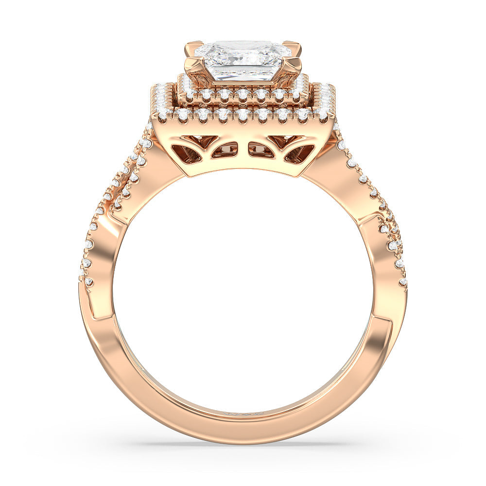 Princess Cut Double Halo Cross Engagement Ring with Lab Grown Diamond in 14KT Rose Gold view 2