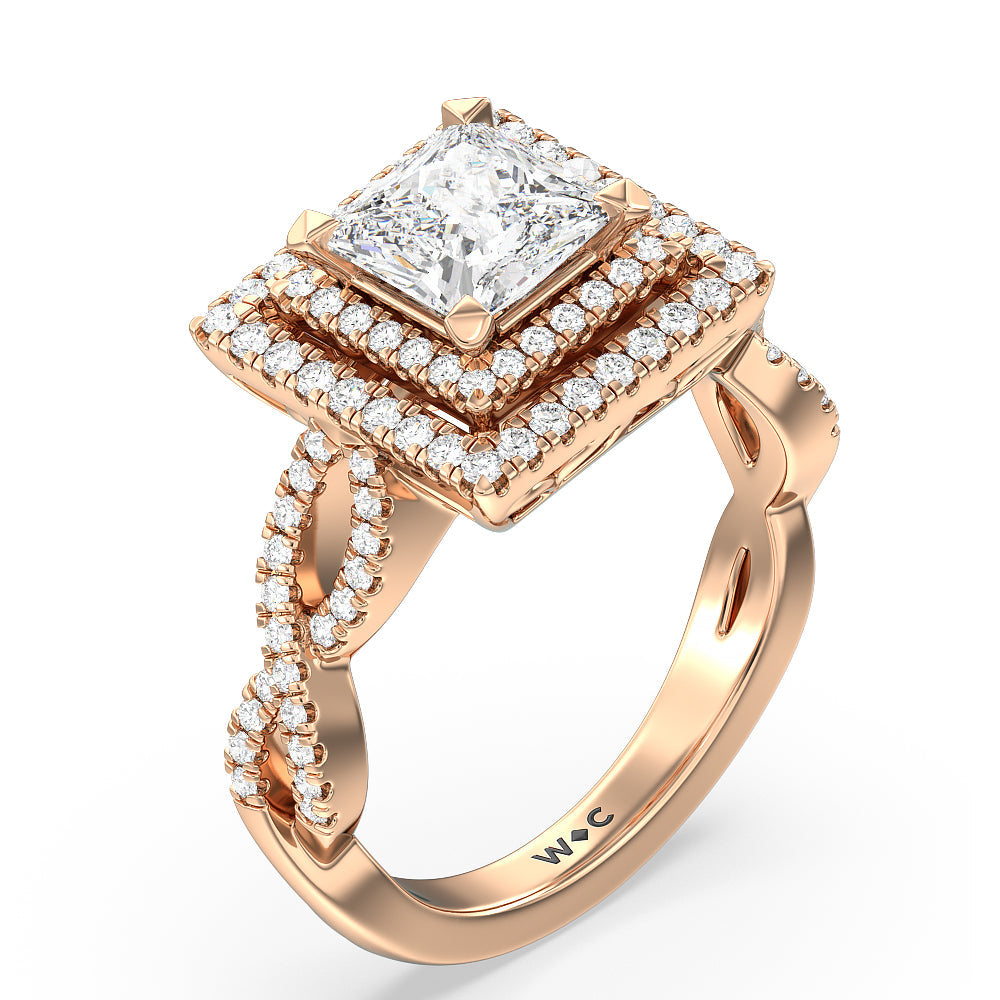 Princess Cut Double Halo Cross Engagement Ring with Lab Grown Diamond in 14KT Rose Gold view 3