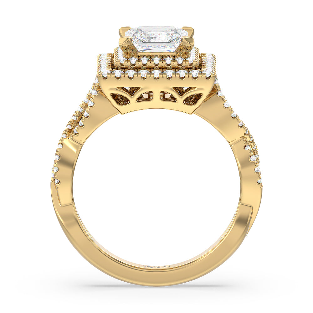 Princess Cut Double Halo Cross Engagement Ring with Lab Grown Diamond in 14KT Yellow Gold view 2