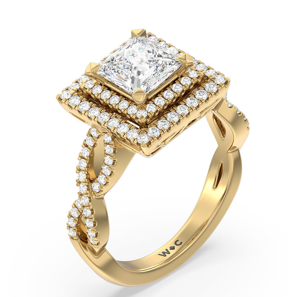Princess Cut Double Halo Cross Engagement Ring with Lab Grown Diamond in 14KT Yellow Gold view 3
