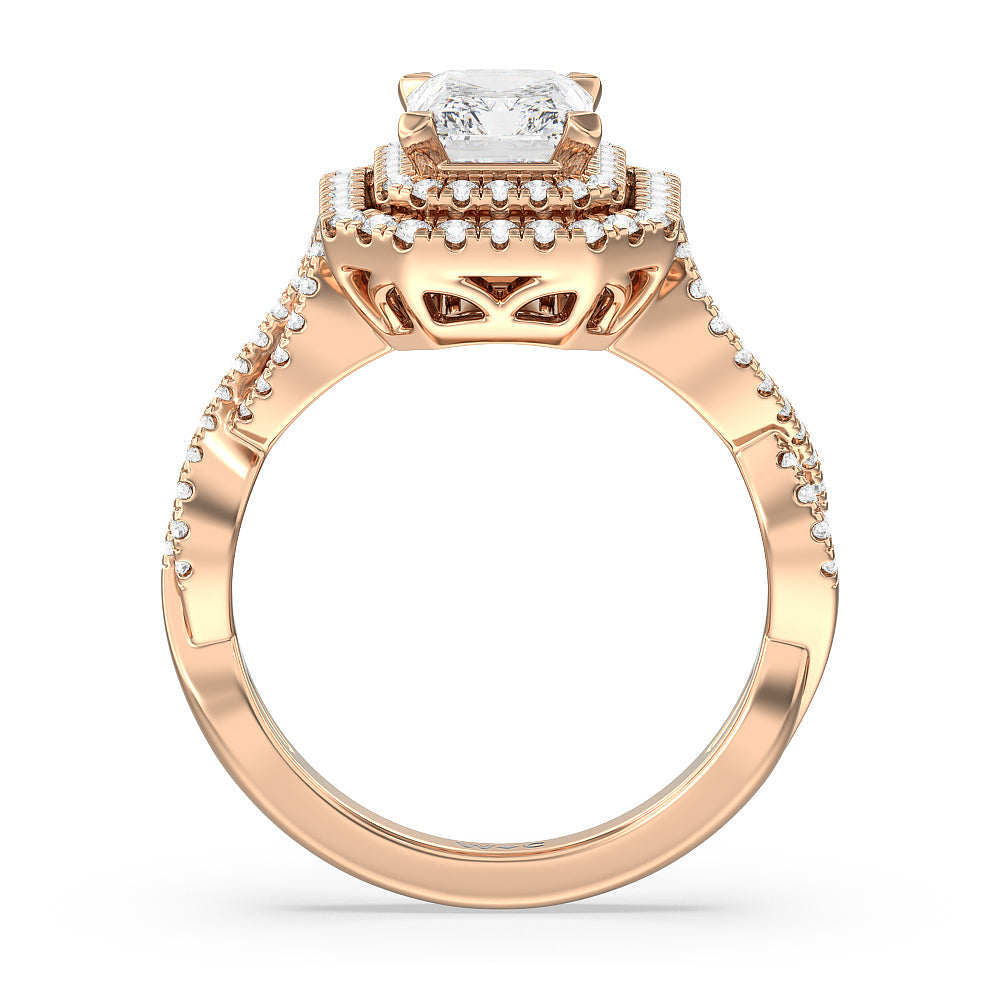 Radiant Cut Double Halo Cross Engagement Ring with Lab Grown Diamond in 14KT Rose Gold view 2
