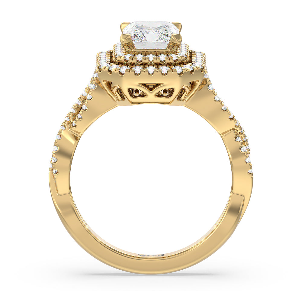 Radiant Cut Double Halo Cross Engagement Ring with Lab Grown Diamond in 14KT Yellow Gold view 2