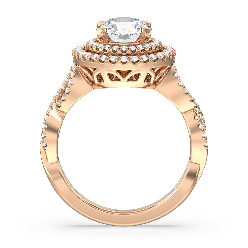 Round Cut Double Halo Cross Engagement Ring with Lab Grown Diamond in 14KT Rose Gold view 2