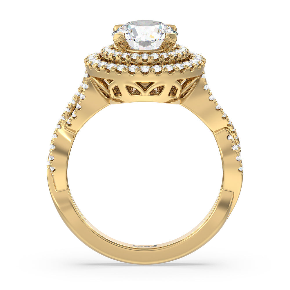 Round Cut Double Halo Cross Engagement Ring with Lab Grown Diamond in 14KT Yellow Gold view 2