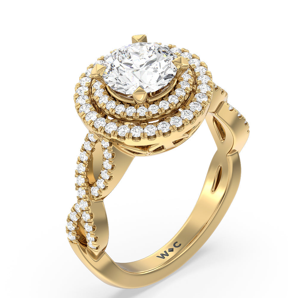 Round Cut Double Halo Cross Engagement Ring with Lab Grown Diamond in 14KT Yellow Gold view 3