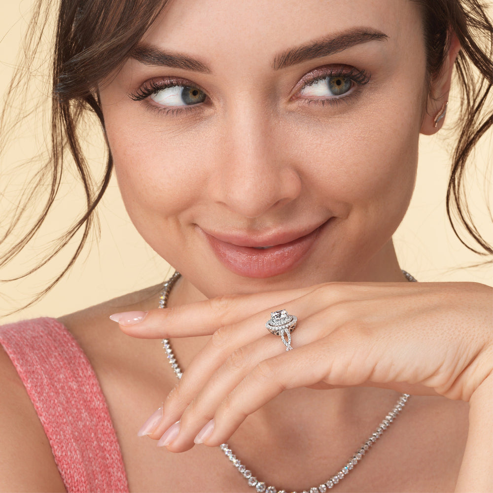 Model Wearing Double Halo Cross Engagement Ring with Lab Grown Diamond view
