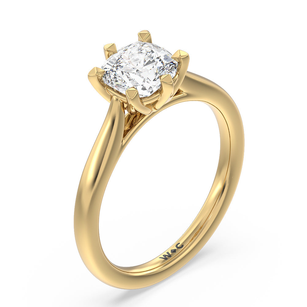 Six Prong Tulip Solitaire Engagement Ring with Cushion Cut Diamond in 14KT Yellow Gold view 3