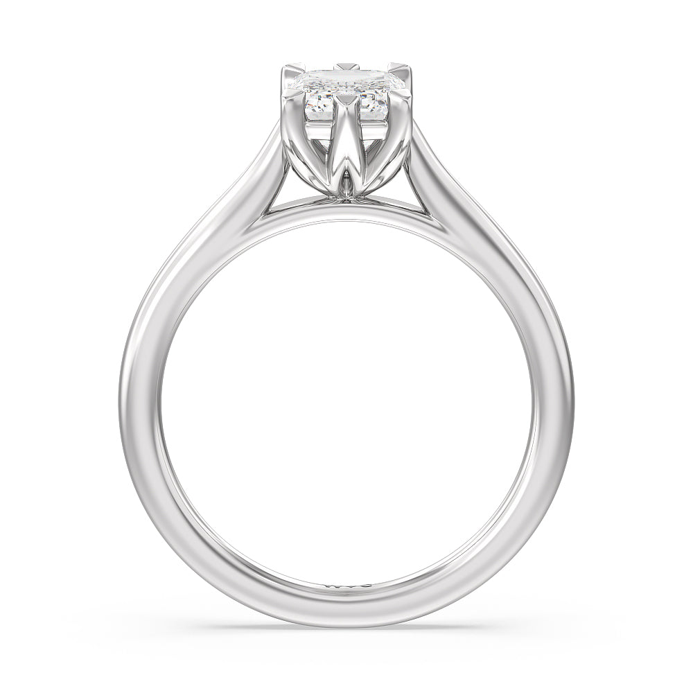 Six Prong Tulip Solitaire Engagement Ring with Emerald Cut Diamond in 14KT Platinum view 2