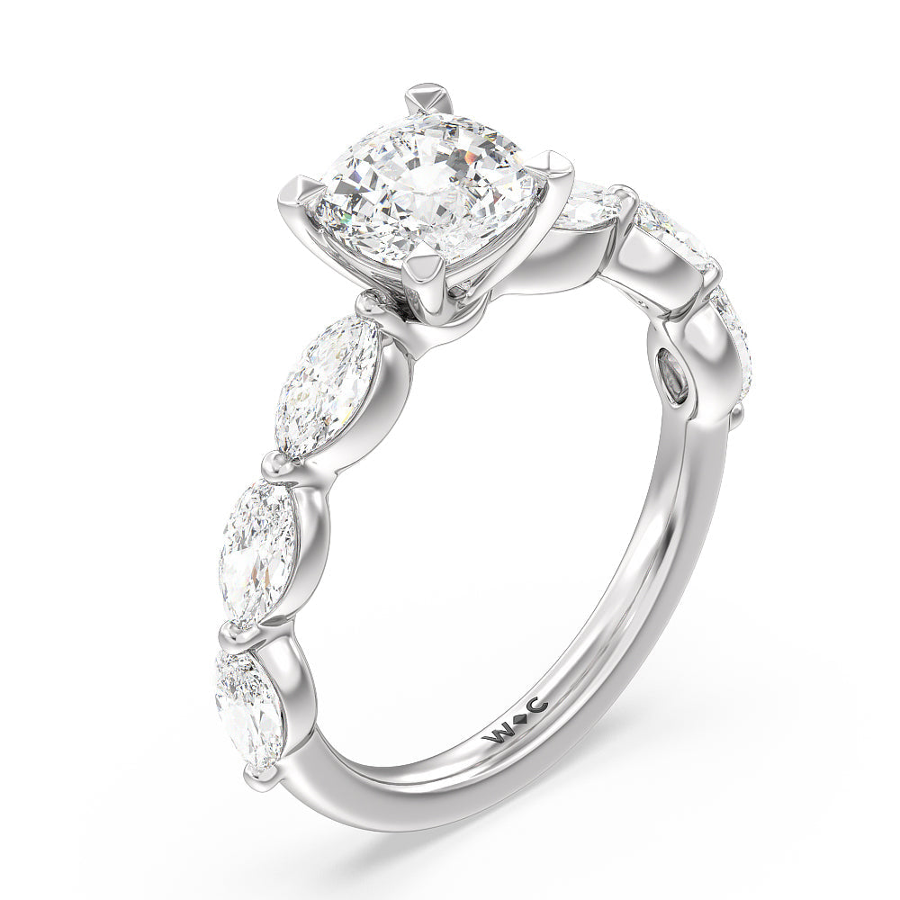 Glamorous Marquise Side Stone Engagement Ring with Cushion Cut Diamond in 14KT Platinum view 3