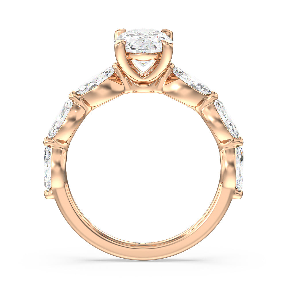 Glamorous Marquise Side Stone Engagement Ring with Oval Cut Diamond in 14KT Rose Gold view 2