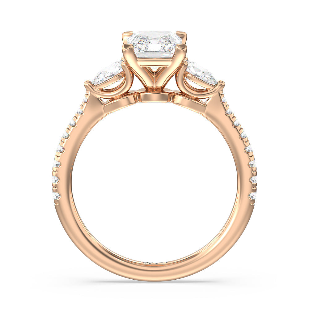 Radiant Cut Pear Three Stone Pave Engagement Ring with Lab Grown Diamond in 14KT Rose Gold view 2