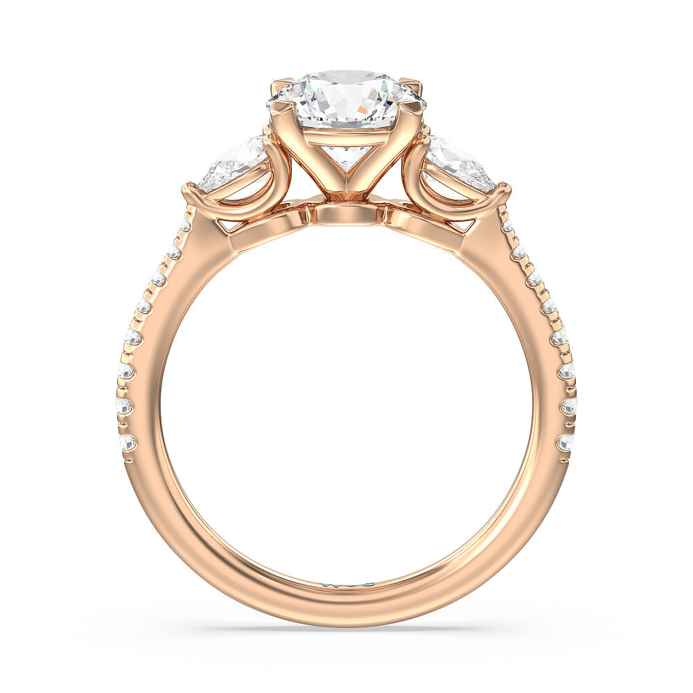 Round Cut Pear Three Stone Pave Engagement Ring with Lab Grown Diamond in 14KT Rose Gold view 2