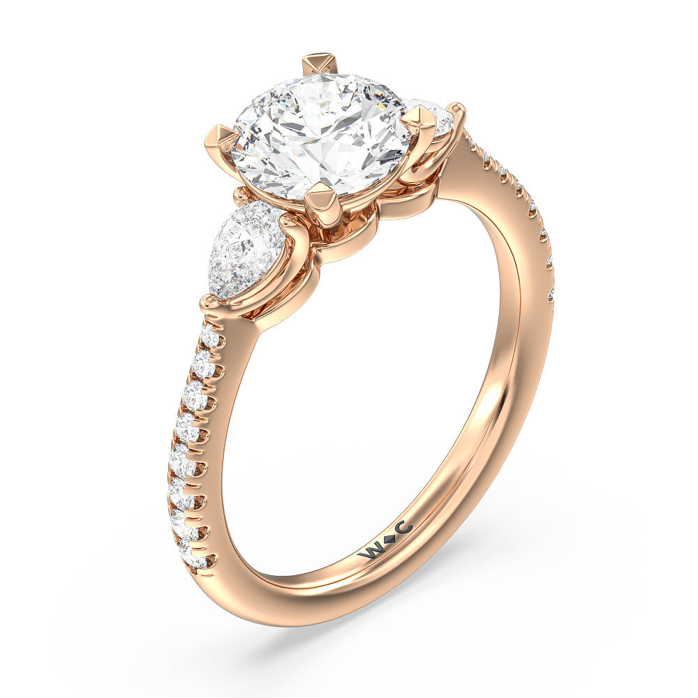 Round Cut Pear Three Stone Pave Engagement Ring with Lab Grown Diamond in 14KT Rose Gold view 3