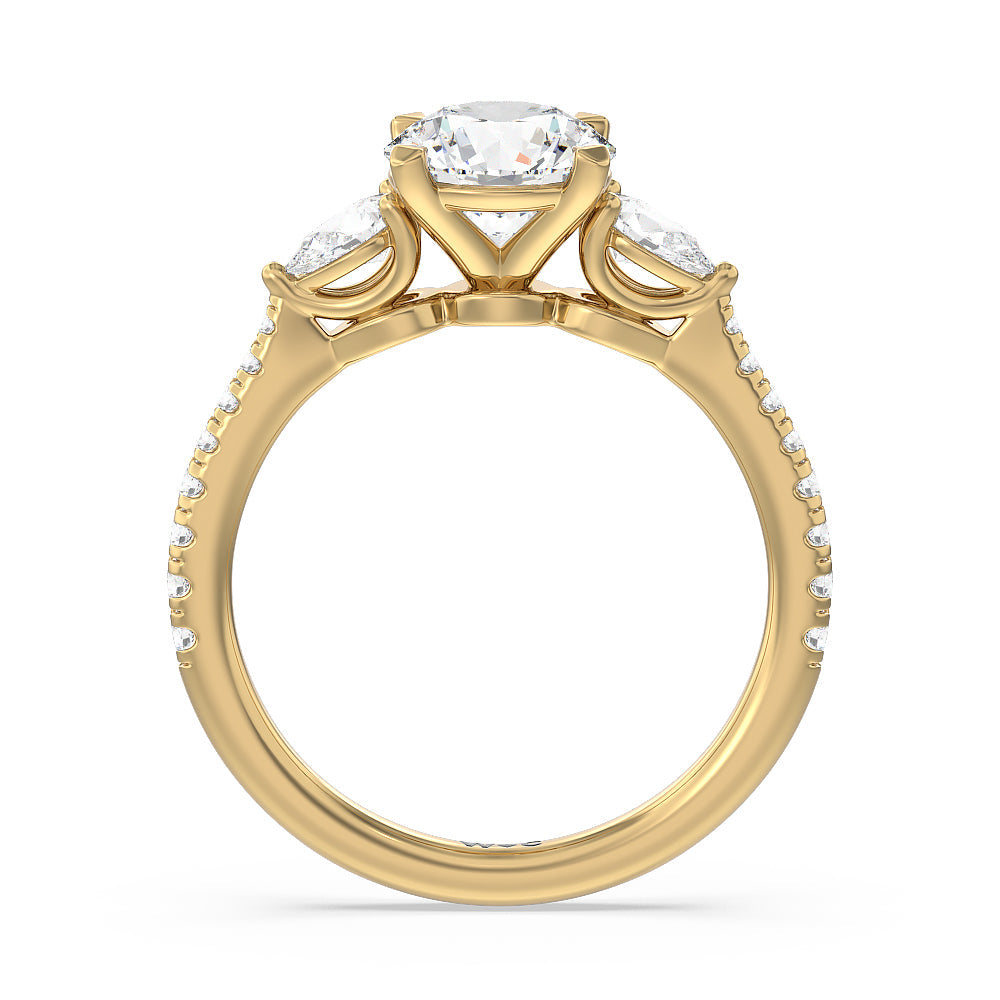 Round Cut Pear Three Stone Pave Engagement Ring with Lab Grown Diamond in 14KT Yellow Gold view 2