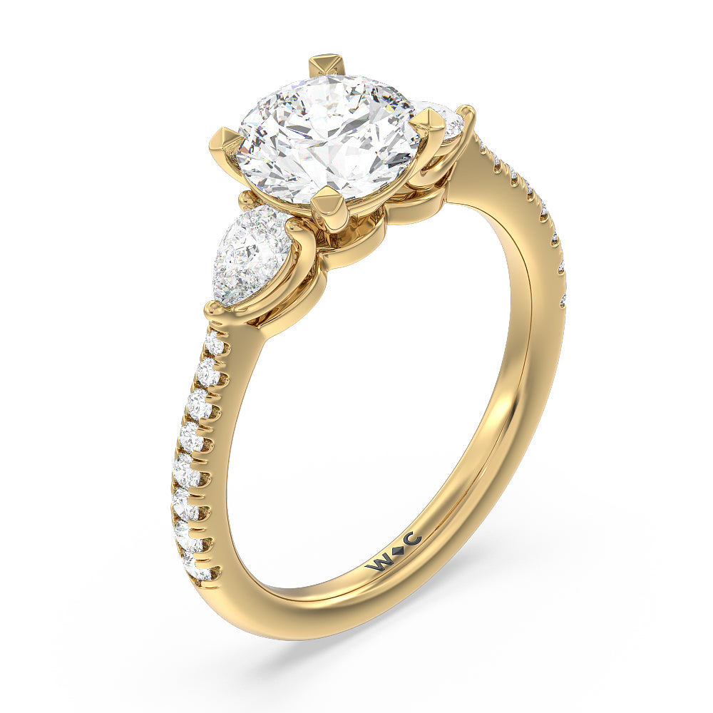 Round Cut Pear Three Stone Pave Engagement Ring with Lab Grown Diamond in 14KT Yellow Gold view 3