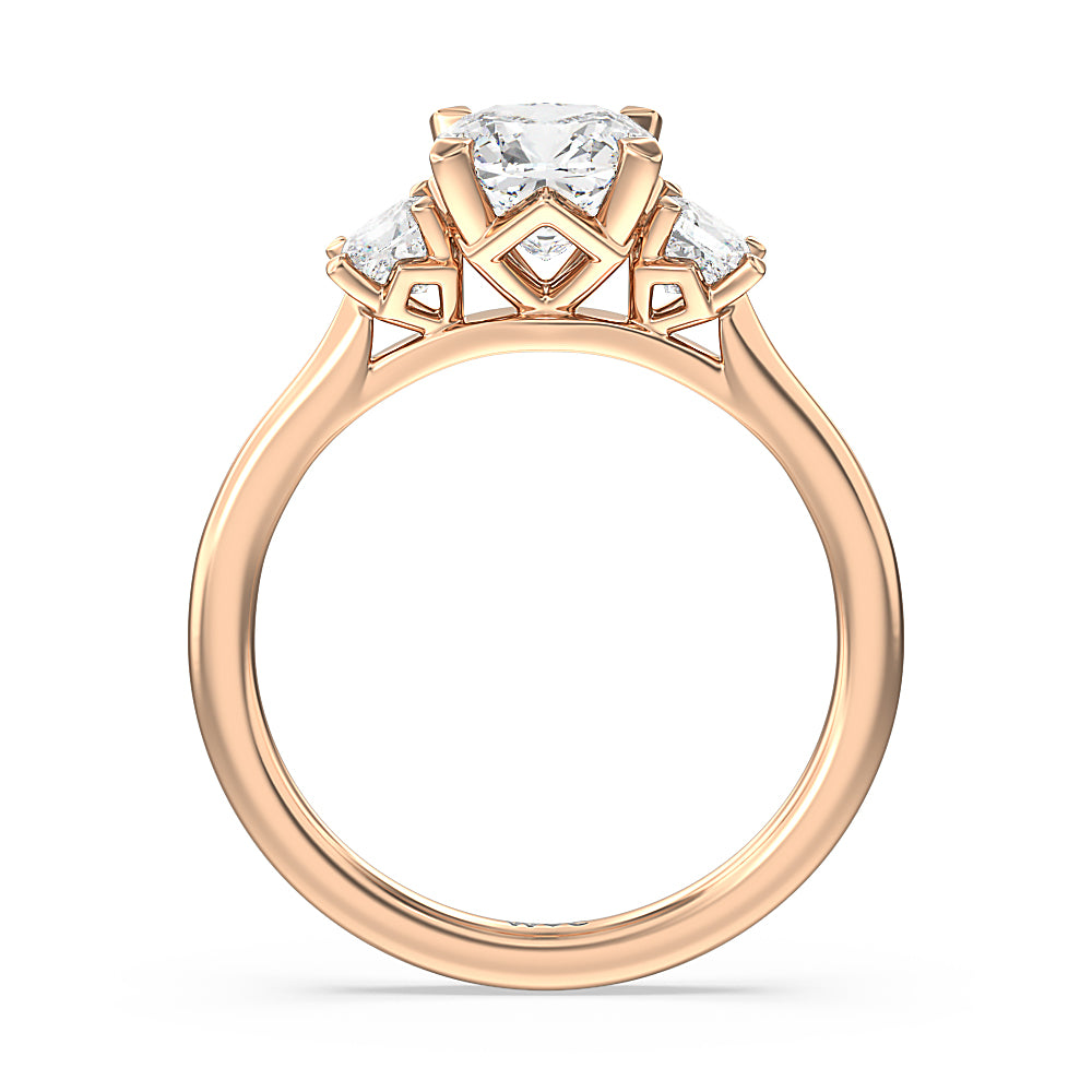 Three Stone Kite Gallery Classic Engagement Ring with Cushion Cut Diamond in 14KT Rose Gold view 2