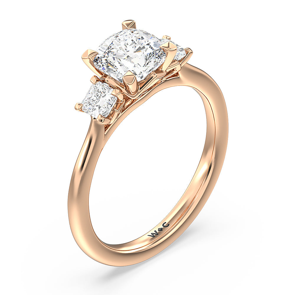 Three Stone Kite Gallery Classic Engagement Ring with Cushion Cut Diamond in 14KT Rose Gold view 3