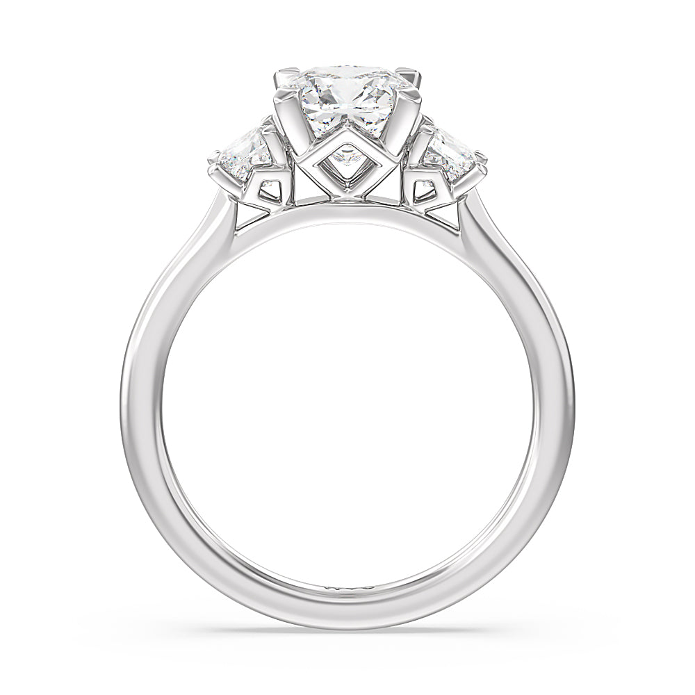 Three Stone Kite Gallery Classic Engagement Ring with Cushion Cut Diamond in 14KT Platinum view 2