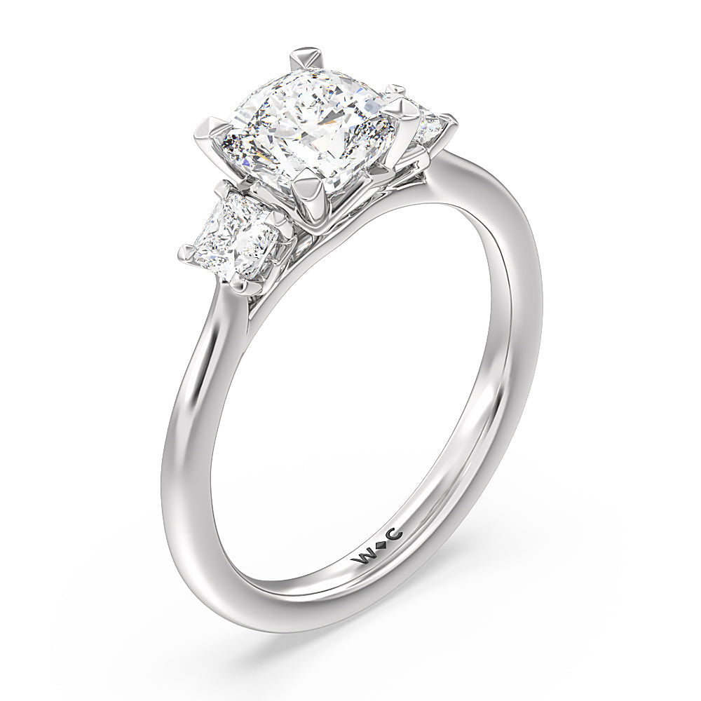 Three Stone Kite Gallery Classic Engagement Ring with Cushion Cut Diamond in 14KT Platinum view 3