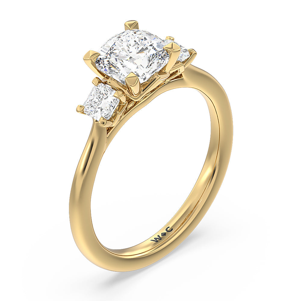 Three Stone Kite Gallery Classic Engagement Ring with Cushion Cut Diamond in 14KT Yellow Gold view 3