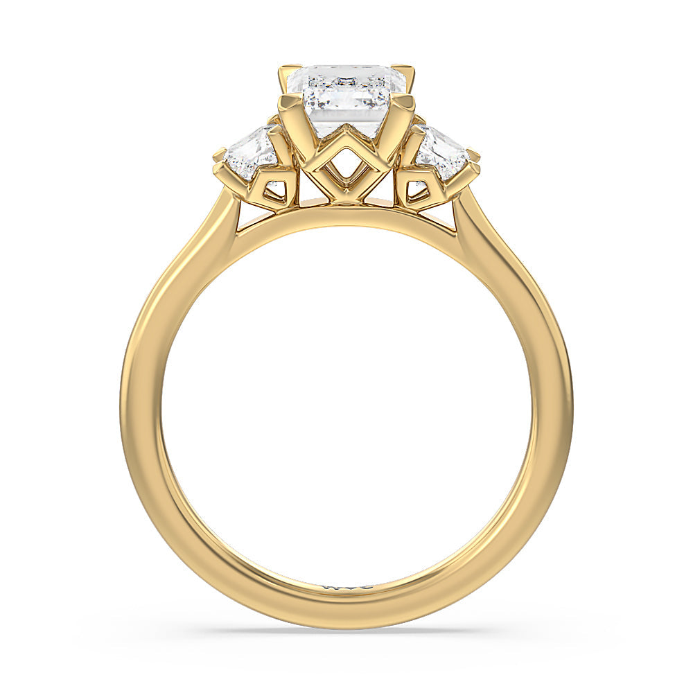 Three Stone Kite Gallery Classic Engagement Ring with Emerald Cut Diamond in 14KT Yellow Gold view 2