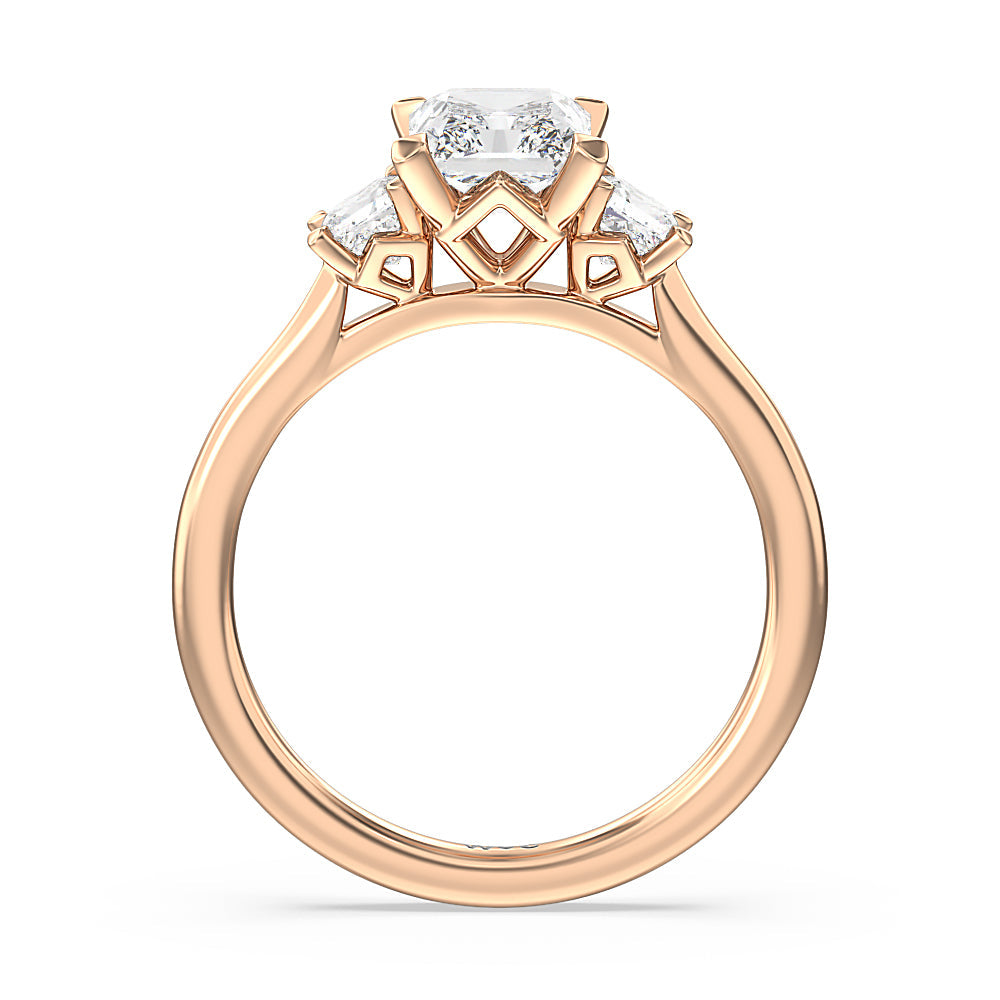 Three Stone Kite Gallery Classic Engagement Ring with Radiant Cut Diamond in 14KT Rose Gold view 2