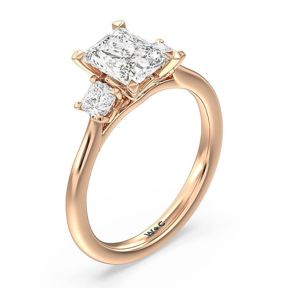Three Stone Kite Gallery Classic Engagement Ring with Radiant Cut Diamond in 14KT Rose Gold view 3