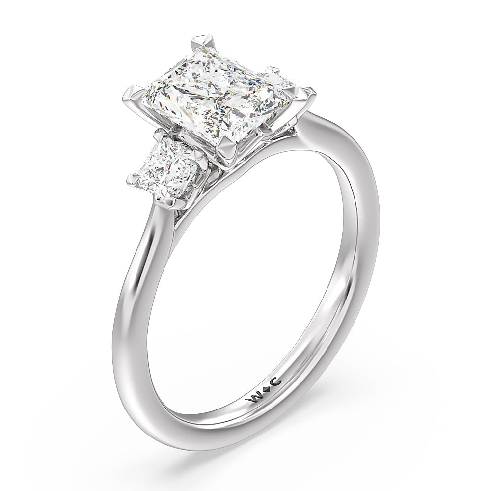 Three Stone Kite Gallery Classic Engagement Ring with Radiant Cut Diamond in 14KT Platinum view 3