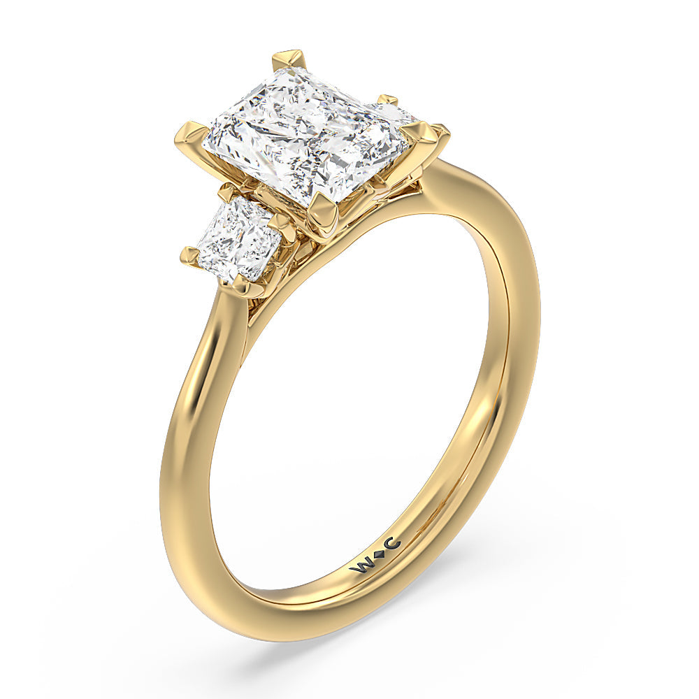 Three Stone Kite Gallery Classic Engagement Ring with Radiant Cut Diamond in 14KT Yellow Gold view 3