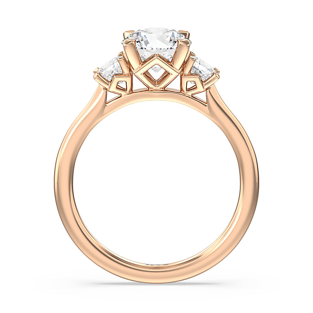 Three Stone Kite Gallery Classic Engagement Ring with Round Cut Diamond in 14KT Rose Gold view 2