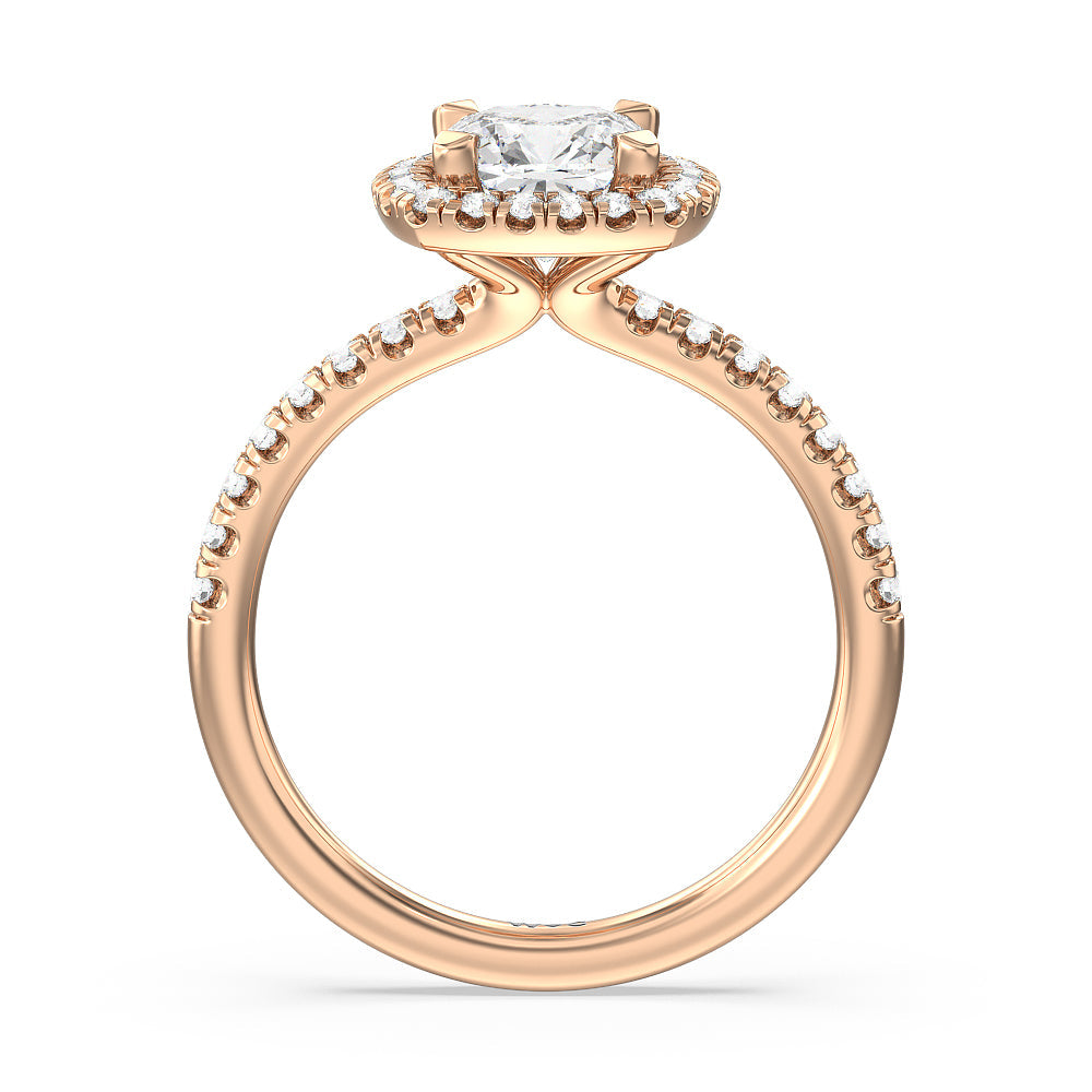 Cushion Cut Seamless Diamond Shank Halo Engagement Ring with Lab Grown Diamond in 14KT Rose Gold view 2
